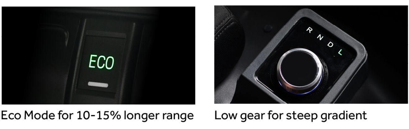 ECO mode switch and rotary gear selector with low gear for steep gradients