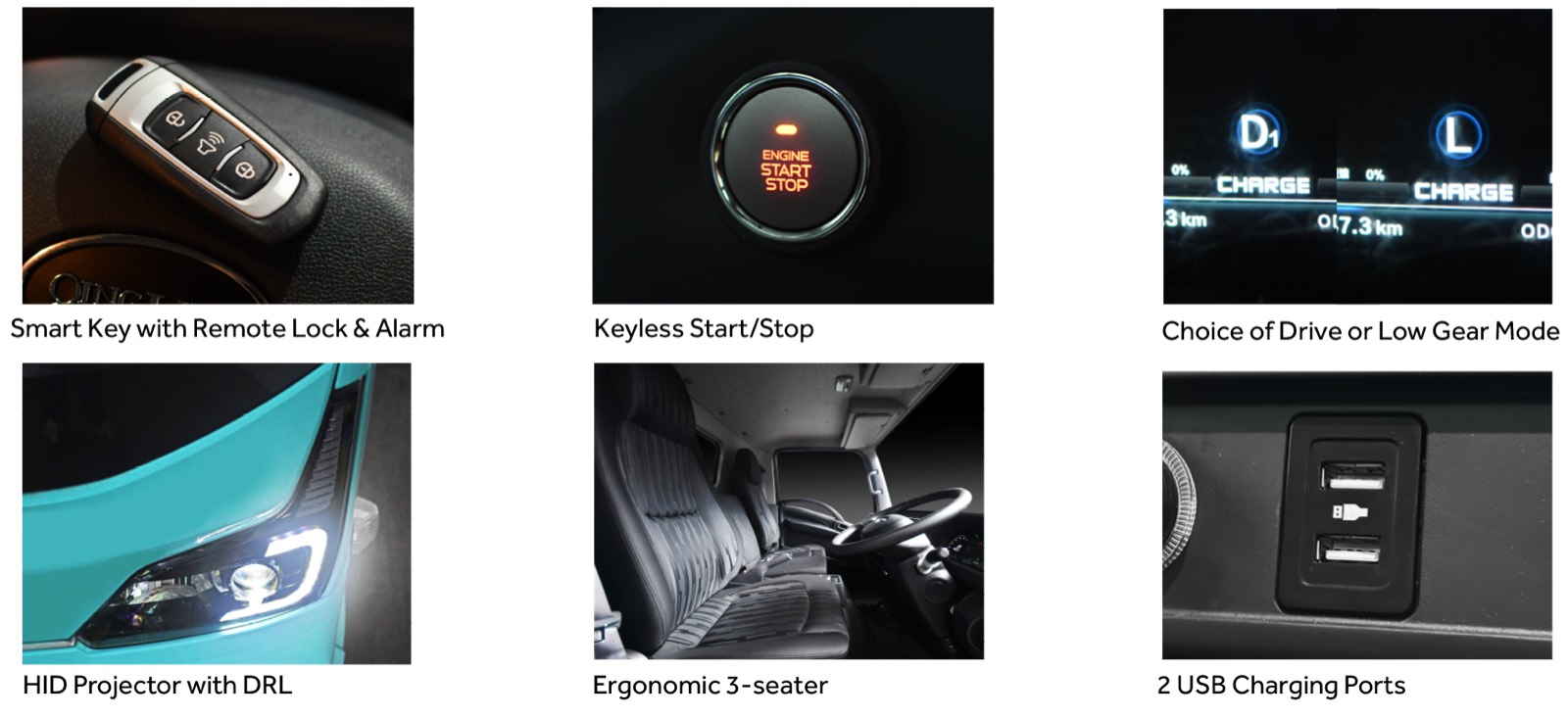 Cabin details: remote lock and alarm, keyless start/stop, drive-mode selection, LED headlamp, ergonomic three-seater bench and twin USB charging ports