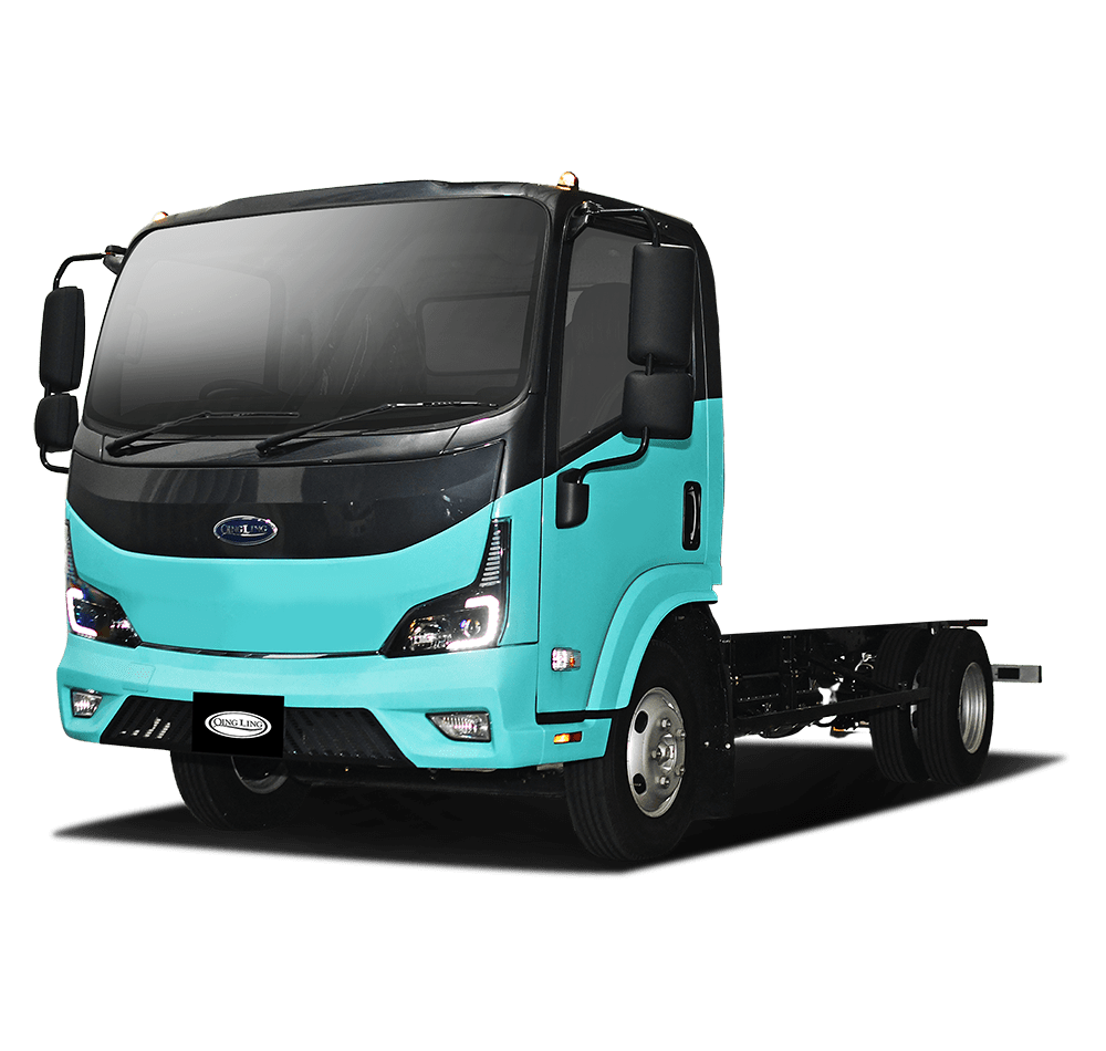Qingling EQ2 electric truck cab-and-chassis in teal, front three-quarter view